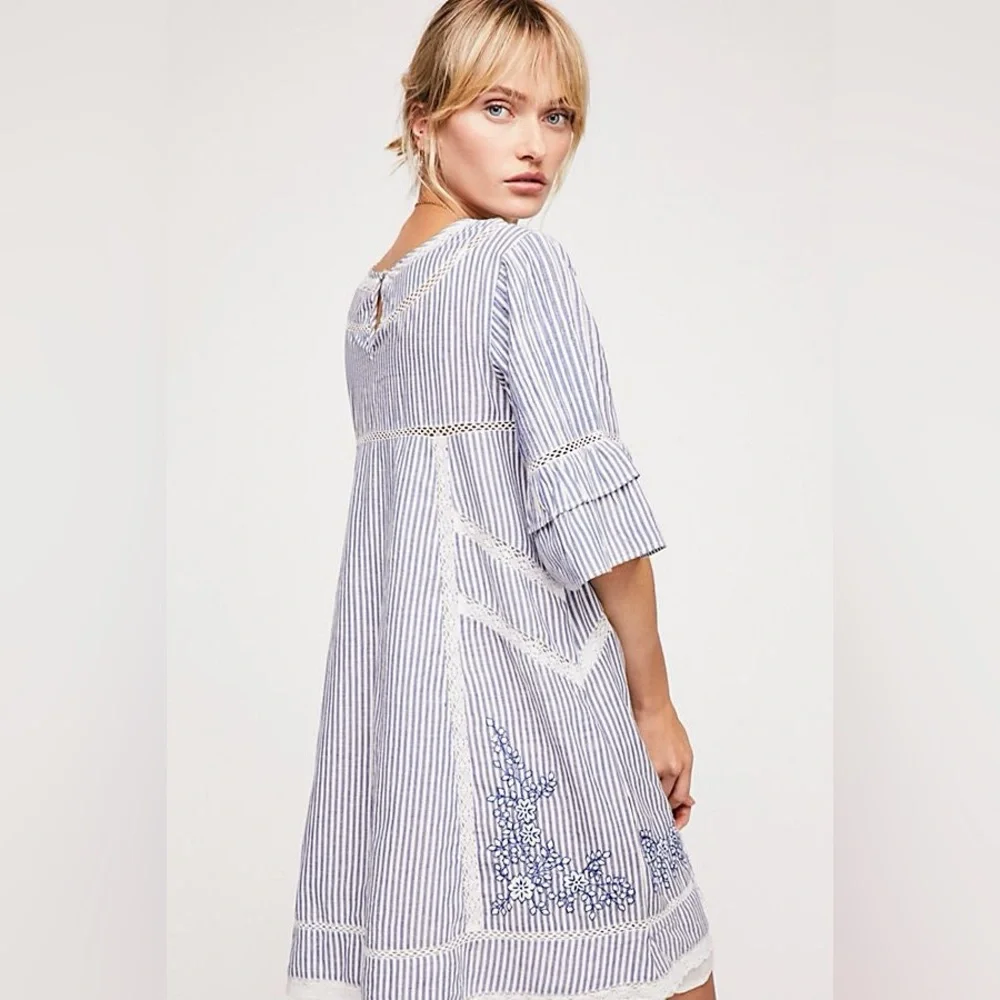 Free People Sunny‎ Days Trapeze Dress Blue White